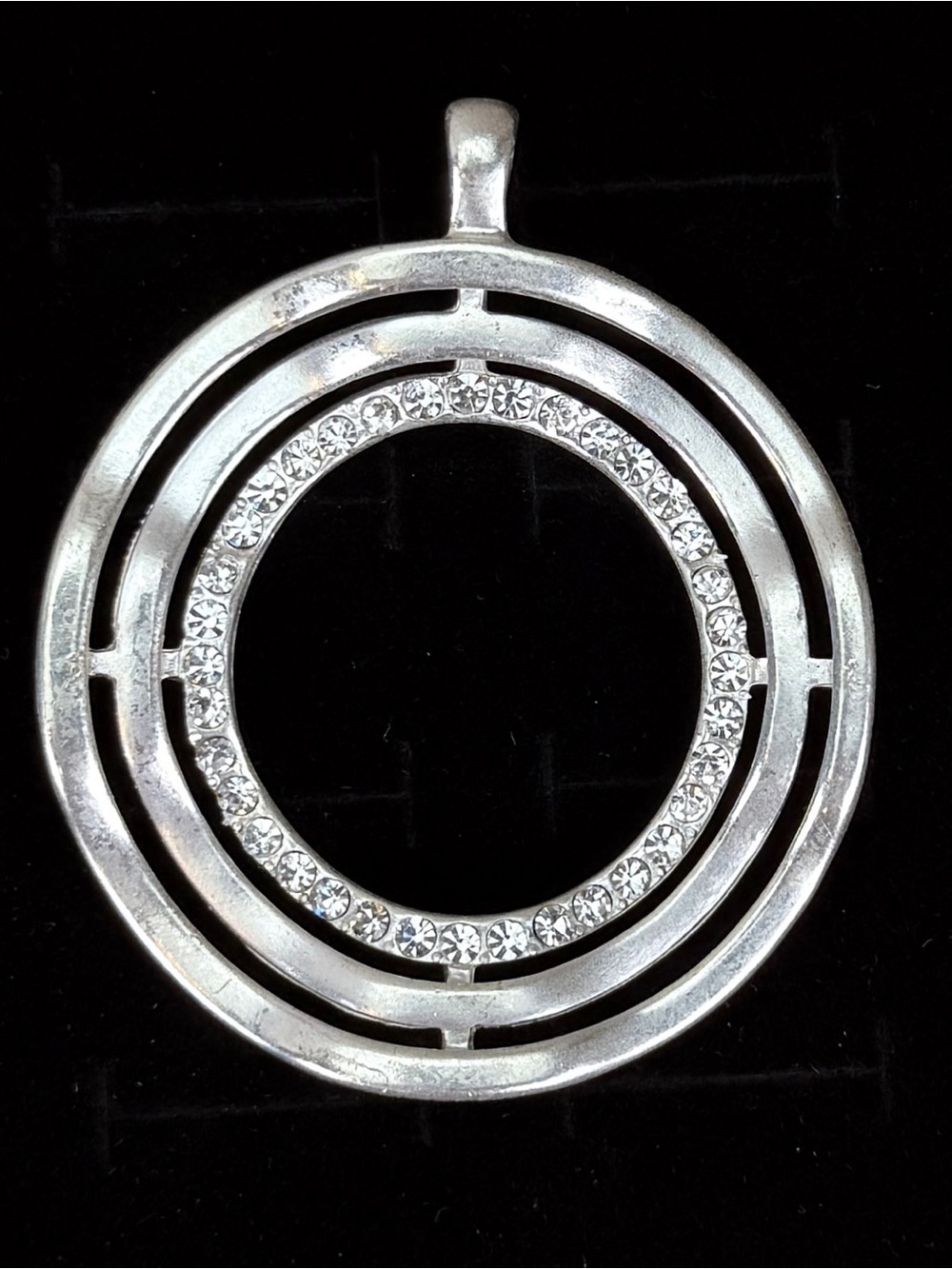 Brushed Silvertone bling dual side large pendant + Free 16” Cord Necklce